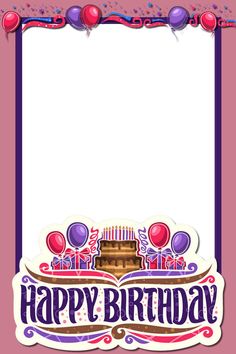 a happy birthday card with balloons and a cake on the bottom, in front of an empty