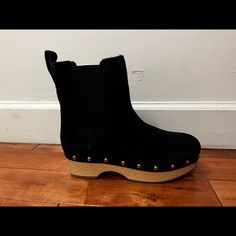 Brand New -J Crew Faux-Fur Lined Clog Boots In Suede, Size 6 1/2, Black Black Platform Clogs For Fall, Black Clogs With Lug Sole And Round Toe, Black Fall Clogs With Reinforced Heel, Black Clogs With Reinforced Heel For Fall, Clog Boots, Mule Clogs, Mules Shoes, Shoe Brands, Black Color