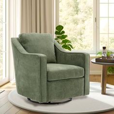 a green chair sitting on top of a white rug in front of a large window