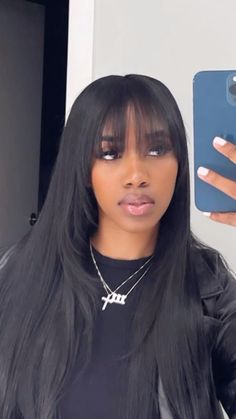 Frayed Bangs Black Women, Fringe Bangs With Long Hair Black Women, Wispy Bangs Sew In, Jet Black Wig With Bangs, Front Bangs Black Women, Curtain Bangs Long Hair Layers Black Women, Fringe Bangs With Layers Black Women, Tape Ins With Bangs, Bangs And Layers Black Women