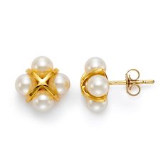 Simple statements of elegance, pearls have been a mainstay in Gump's jewelry assortment for decades. Revered for their alluring luster and classic beauty, they are widely recognized as symbols of purity, integrity and wisdom gained through experience. Freshwater cultured pearls, 5mm. 18-karat yellow gold. Pierced only. 1/2" diameter. Gold Cross Earrings, Pearl Cluster Earrings, Pearl Cluster, Cross Earrings, Freshwater Cultured Pearls, Yellow Gold Earring, Cluster Earrings, Gold Cross, Earrings Statement