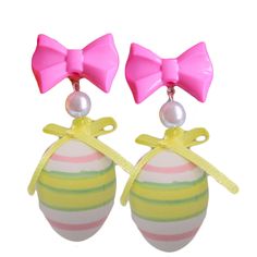 "Details: -Large but lightweight -Hypoallergenic surgical steel posts -Pink Resin Bows -High quality glass pearls -Decorated Easter Egg charms (hollow & lightweight) -3\" total length -1\" width -Choose your favorite egg style/color from the drop-down menu -Handmade & Limited -Closes with butterfly clutch backings *Please note decorated eggs may have tiny flaws in the paint. **Made to order - may take up to 2 weeks to make before shipment** Every order comes with free gift packaging! Please cont Playful Earrings For Spring Gift, White Kawaii Earrings For Party, Playful White Earrings For Spring, White Plastic Earrings For Parties, Cute Plastic Party Earrings, Playful Pink Plastic Earrings, Playful White Earrings For Party, Easter Egg Earrings, Egg Earrings