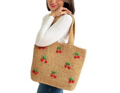 Woman Bag, Shoulder Bag, Summer Bag, Raffia Bag, Crochet Bag, Fruity Bag I love using bags, especially fun bags. Life can be hard and boring sometimes, but every time I look at my bag, I feel happiness. I knitted the bag with paper yarn. It has crocheted cherries in real cherry colors (red and green). Since the cherries are fixed in the bag, there is no risk of falling. If you are thinking of a special gift for your dearest and most special friends, do not miss this bag. There are 2 different co Casual Jute Bag As Gift, Casual Jute Bags For Gifts, Cute Rectangular Crochet Travel Bag, Handmade Straw Pouch Bag For Shopping, Handmade Pouch Straw Bag For Shopping, Handmade Straw Shopping Pouch, Handmade Straw Pouch For Shopping, Natural Crochet Bag For Shopping, Natural Crochet Shopping Bag