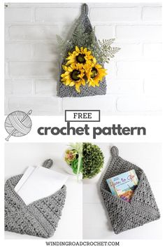 a crochet bag with sunflowers hanging from it and the text overlay reads free crochet pattern