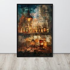 there is a painting on the wall with liquor bottles and glasses in front of it