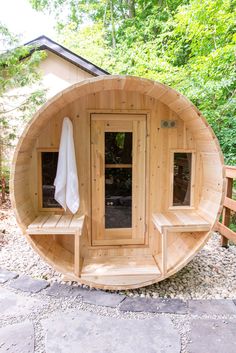 Outdoor Barrel Sauna - Tranquility Barrel Sauna | Zen Saunas Eastern White Cedar, Wood Burning Heaters, Sauna Heaters, Sauna Kit, Traditional Saunas, Barrel Sauna, Sauna Design, Outdoor Sauna, Sauna Room