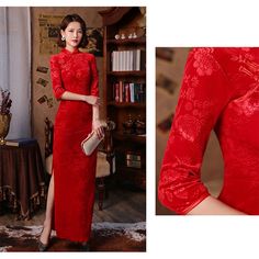 Red 3/4 Sleeve Long Cheongsam Velvet Slim Mother Dress Elegant Traditional Evening Dresses Qipao Formal Long Red Cheongsam, Red Fitted Ao Dai With Stand Collar, Traditional Red Winter Dress, Red Long Sleeve Cheongsam For Spring, Traditional Long Sleeve Red Cheongsam, Red Long Cheongsam For Spring, Red Long Sleeve Ao Dai For Formal Occasions, Fitted Long Red Ao Dai, Red Fitted Long Ao Dai