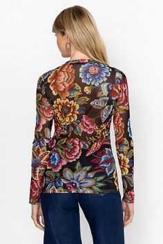 Adorned with brilliant bursts of floral blooms, the Natalie Long Sleeve Mesh Tee is crafted from a lightweight mesh with a hint of stretch. Featuring a crew neckline and long sleeves, this top offers a front panel lining for additional coverage. Pair with trendy denim and a coordinating structured blazer for a casual day at the office. Johnny Was Women's Natalie Long Sleeve Mesh T-Shirt in Antiqua Flower Print Black, Size XS, Denim, Floral Fitted Multicolor Printed Mesh Top, Printed Fitted Mesh Top For Spring, Fitted Top With All Over Print For Spring, Spring Stretch Top With All Over Print, Fitted Tops With All Over Print For Spring, Summer Printed Crew Neck Mesh Top, Multicolor Mesh Top With Graphic Print For Summer, Multicolor Graphic Print Mesh Top For Summer, Stretch Top With All Over Print For Spring