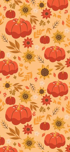 an orange background with pumpkins and flowers