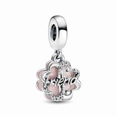 A twist on a well-known symbol of luck, our Four-leaf Clover Friendship Double Dangle Charm shines with a message of love and appreciation. Crafted from sterling silver, it features cut-out hearts coming together to form a four-leaf clover on one dangle. The other dangle, also clover-shaped, is covered in powder pink enamel on one side and an engraving on the other: "Lucky to have you".� The perfect addition to a friendship bracelet. Quiet Lifestyle, Jewelry Wishlist, Charms Pandora, Bracelet Pandora, Lucky To Have You, Gift Diy, Bracelet Charms, Pandora Bracelet Charms, Dope Jewelry