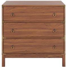 a wooden dresser with three drawers and two brass pulls on the bottom, against a white background