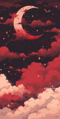 the sky is full of stars and clouds with a crescent in the middle on it