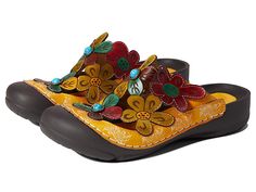 L'Artiste by Spring Step Keya - Women's Shoes : Yellow Multi : Please note that due to the unique hand-painted design of L'Artiste by Spring Step footwear, the exact design may vary from piece to piece. Immerse yourself in art and design with luxuriously hand crafted L'Artiste by Spring Step Keya footwear. Upper is beautifully hand painted on leather. Synthetic lining. Featuring hand-painted laser floral cutouts and lively hues. Softly padded micro suede insole with superior arch support. Round Casual Hand Painted Leather Sandals, Multicolor Leather Clogs For Spring, Multicolor Leather Clogs With Rubber Sole, Traditional Leather Clogs For Spring, L'artiste By Spring Step, Shoes Yellow, Painting Leather, Clogs Shoes, Art And Design