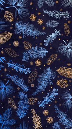 a blue and gold christmas tree pattern on a black background