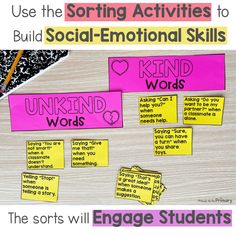 Help kids learn social and emotional skills with this social-emotional learning sorting activities bundle for your classroom's SEL lessons and morning meeting activities. This grab-and-go resource includes 20 sorts for Kindergerten, 1st grade & 2nd grade. There are sorts included for many important topics that are critical for young kids to learn, such as kindness, empathy, growth mindset, friendship, emotions, & more! This resource includes a variety of sorting activities that are meant to be u 3rd Grade Social Emotional Learning, Empathy Lessons, Teacch Tasks, Emotional Activities, Unkind Words, Social Emotional Learning Lessons, Morning Meeting Activities, Meeting Activities, Learning Lessons