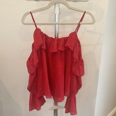 Parker Cold Shoulder Blouse - Size Xs - Textured Hibiscus Red Material - Ruffle Trim - Adjustable Spaghetti Straps - Long Sleeves With Ruffle Cuffs - 100% Polyester Red Off-shoulder Blouse For Party, Red Ruffle Tops For Brunch, Red Ruffled Tops For Brunch, Red Off-shoulder Blouse For Spring, Casual Red Blouse For Brunch, Red Summer Blouse For Brunch, Red Spring Tops For Brunch, Flowy Red Summer Blouse, Flowy Red Blouse For Vacation