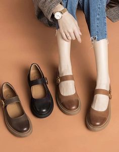 Real Leather Front Buckle Mary Jane Shoes — Obiono Brown Mary Jane Shoes Outfit, Autumn Shoes 2024, Shoes For Women Classy, Mary Jane Shoes Outfit Dress, Marie Jane Shoes, Chunky Mary Janes Outfit, Brown Mary Jane Shoes, Flat Mary Janes, Chunky Mary Janes