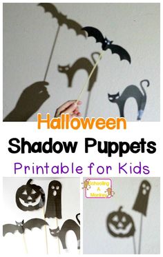 halloween shadow puppets for kids to make with the silhouettes of bats and pumpkins