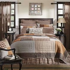 Neutral brown tones create a calming and restful respite with the Rory Queen Quilt. Featuring an irregular block layout and an outer border in black and tan chambray plaid, our 90Wx90L quilt invites you into a space with cozy color and warm design. The various greige, chocolate brown, and tan plaids with occasional patchwork in antique stripes provide a distinct, relaxed look for this all-cotton hand-quilted bedspread. The reverse side showcases textured greige chambray fabric. Color: Gray. King Quilt Bedding, California King Quilts, Lodge Bedding, Country Bedroom Decor, Rustic Quilts, Country Bedding, King Quilt Sets, Luxury Quilts, Rustic Bedding