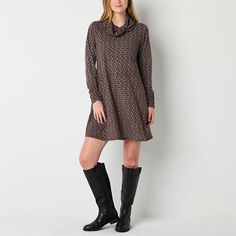 This women's patterned shift dress by R&K Originals is a comfortable on-trend style for your fall and winter wardrobe. Made from a soft stretchy knit, this mod-style knee-length dress has a cowl neckline and long ruched sleeves. Wear it with your favorite boots and earrings. Closure Type: ButtonNeckline: Cowl NeckSleeve Length: Long SleeveSleeve Style: Fitted SleeveApparel Length: 36.5 InchesDress Length: Knee LengthFiber Content: 97% Polyester, 3% SpandexFabric Description: KnitCare: Machine Wa Fall Shift Dresses With Buttons, Shift Dress Pattern, Medium Dresses, Mod Style, Shift Dresses, Long Sleeve Shift Dress, Favorite Boots, Trend Style, Mod Fashion