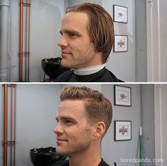 Before And After Before And After Mens Haircut, Mens Haircut To Hide Receding Hairline, Men’s Haircut Receding Hairline, Receding Hairline Styles Men, High Forehead Hairstyles, Thining Hair, Haircuts For Balding Men, High Forehead, Barber Haircuts