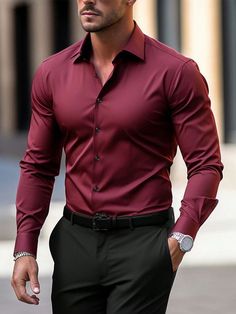 Red Collared Slim Fit Shirt, Red Slim Fit Button-up Shirt, Red Slim Fit Shirt, Red Slim Fit Shirt For Semi-formal Occasions, Red Slim Fit Button-up Tops, Red Long Sleeve Dress Shirt For Business Casual, Red Long Sleeve Tops For Semi-formal Occasions, Red Semi-formal Button-up Shirt, Semi-formal Red Long Sleeve Shirt