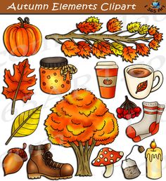 autumn elements clipart set with leaves, boots, and other items to make it look like