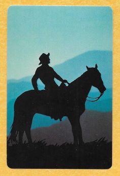 a silhouette of a woman riding on the back of a horse in front of mountains