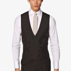 This refined double-breasted waistcoat is tailored slim with an 8-on-2 closure from a wool silk linen blend. Fitted V-neck Outerwear For Business Casual, Tailored Wool Vest For Semi-formal Occasions, Classic V-neck Suits For Semi-formal Occasions, Double-breasted Linen Suits For Tailoring, Linen Double-breasted Suit For Tailoring, Classic V-neck Semi-formal Suits, Fitted Double-breasted Three-piece Suit For Semi-formal, Fitted V-neck Outerwear With Double Button Closure, Fitted Double Breasted Suit For Work