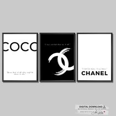 three black and white posters with the words coco, chanel on them in different languages