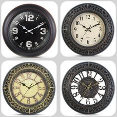 four different styles of wall clocks with numbers on each one side and the same time