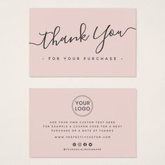 a pink business card with the words thank you for your purchase on it's side