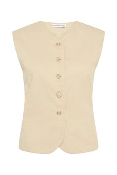 Crafted from midweight cotton twill, the Delfina Vest in Bleached Sand is a tailored vest with a high v-neckline, button front and a relaxed, boxy silhouette. Featuring an adjustable waist belt at the back for a customisable fit. Pair it with the Campania Short for a two piece tailored set. Cotton V-neck Vest With Button Closure, Cotton Button-up Vest With Buttons, Chic Daywear Vest With Button Closure, Cotton Button-up Vest, Chic Cotton Vest With Buttons, Cotton V-neck Vest With Buttons, Beige Cotton Vest With Button Closure, Elegant Daywear Vest With Buttons, Classic Spring Vest For Daywear