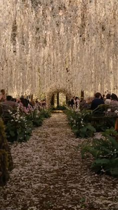 people are sitting in the middle of a tunnel with flowers growing all over it and hanging from the ceiling