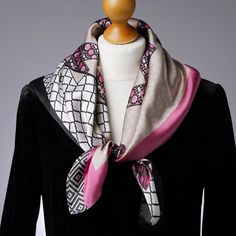 Silky Neck Tie Pink Black Beige Square Scarf with Geometric and Fleur De Lis Design Headscarf Neckerchief D E S C R I P T I O N Our silky polyester scarf makes a great addition to your wardrobe and is bang up to date for A/W 2021. With headscarves trending at the moment, we think this retro neck scarf will look fabulous with any outfit. Wear it as a headscarf, or around your neck in a simple knot, or tie it in your hair for a sweet take on boho style. Whether you're accessorising a work outfit o Beige Square, Bohemian Mode, Polyester Scarf, Silky Scarf, Neck Scarf, P T, Boho Stil, Neck Scarves, Square Scarf