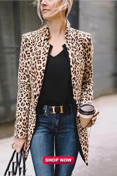 Long Sleeve Open Front Leopard Blazer Jacket, Office Lapel Casual Jacket Fall Fashion Coats, Leopard Coat, Straight Clothes, Leopard Print Jacket, 가을 패션, Print Jacket, Outfits Casual, Fashion Mode, Street Chic