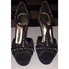 Black Suede Peep Toe Studded Heels; Silver And Bronze Embellishments; Has A T Strap In The Front; Never Worn Brand New! Heels Silver, Studded Heels, Shoes Color, T Strap, Black Suede, Shoes Women Heels, Embellishments, Shoes Heels, Size 6