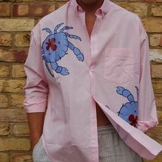 Designed and hand-painted by me!  This is a size M pink cotton long-sleeve shirt decorated in the pattern CRAB. This is a one-of-a-kind fashion item that will give you a statement piece for any fun occasion. It is a wonderful gift idea if you are looking for something unique and fun. Every design is painted using hard-wearing, washable & dryable fabric paints offering bold and fun colours forever! The shirts used are of great quality and brand new. Each shirt takes around 5-7 hours and is made with a lot of love ❤️ Crab Design, Surface Pattern Design Inspiration, Pattern Design Inspiration, 7 Hours, Cotton Long Sleeve Shirt, Fabric Paint, Pink Cotton, Surface Pattern Design, Crab