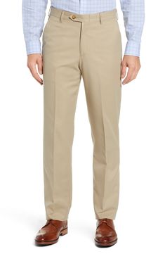 Classically tailored flat-front pants are crafted from smooth microfiber that resists water and stains to keep you looking sharp. 18" leg opening; 11 1/2" front rise; 17" back rise Zip fly with button-tab closure Side slant pockets; back button-welt pockets Water and stain resistant 100% polyester Dry clean Imported Check Dress Shirt, Formal Mens Fashion, Guys Clothing Styles, Flat Front Pants, Men Formal, Trouser Style, Formal Outfit, Wide Leg Denim, Mens Trousers