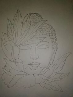 a drawing of a buddha head with leaves on it