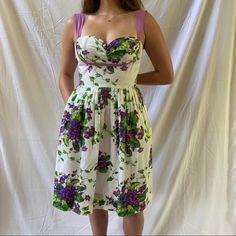 Vintage/Deadstock Betsey Johnson Floral Summer/Spring Garden Party Midi Dress Label Says Bj 8, But Has Been Altered To Fit A Size 4-6 Belt Included- It’s A Bit Worn But Easily Detachable Has Pockets :) Summer Dresses With Lined Bodice In Purple, Summer Purple Dress With Lined Bodice, Cotton Dress With Sweetheart Neckline For Garden Party, Vintage White Dress With Sweetheart Neckline, White Vintage Dress With Sweetheart Neckline, Retro Dress With Sweetheart Neckline For Spring, Spring Retro Dress With Lined Bodice, Betsey Johnson Floral Dress, Party Midi Dress