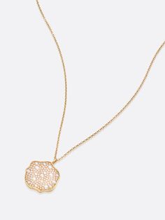 Pendant necklace 18K Yellow Gold Round Brilliant Pavé handset, VS1-2 Clarity, H/I color Diamonds 1.0 Carat total weight Custom, asymmetrical round setting Custom, cable chain Lobster clasp closure Dimensions: 18mm x 2mm 16” chain with 1” & 2” extender (up to 18”) Imported Make a sensual statement in our Petite Fleur Pavé Diamond Pendant Necklace. Its custom cable chain drapes gently on your décolletage, while its stunning asymmetrical, handset, 18K yellow gold and Pavé Diamond charm creates dram Luxury Round Delicate Chain Necklace, Luxury Delicate Chain Necklace, Luxury Diamond Necklace With Round Pendant, Refined Yellow Gold Necklace With Single Cut Diamonds, Yellow Gold Chain Necklace With Single Cut Diamonds, Yellow Gold Chain Necklace With Diamonds, Special Necklace, Diamond Charm, Mediterranean Sea