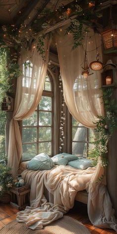 an image of a bedroom setting with lights on the ceiling and curtains over the bed