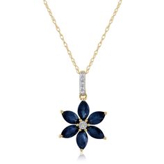 Add a colorful accent and charming style to any look with this dainty blue sapphire and diamond accent flower pendant. Crafted in classic 14K yellow gold, this pendant features six marquise brilliant cut blue sapphires, enhanced by six round single cut diamonds. This lovely pendant hangs from a matching 18-inch rope chain. | Blue Sapphire & Diamond Accent Flower Pendant Necklace | 14K Yellow Gold | Size 18" | Helzberg Diamonds Blue Flower Necklace, Helzberg Diamonds, Blue Sapphire Diamond, Flower Pendant Necklace, Gold Price, Sapphire Stone, Fine Jewelry Gift, Sapphire Diamond, Flower Pendant