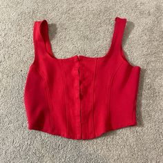 This Is A Stretchy, Red Corset Tank Top With Hooks In The Middle To Connect The Sides Together Never Worn Elegant Red Crop Top For Spring, Elegant Red Spring Crop Top, Elegant Red Summer Crop Top, Red Elegant Cropped Top, Elegant Red Cropped Top, Fitted Red Zara Tops, Corset Tank Top, Red Corset, Zara Tops