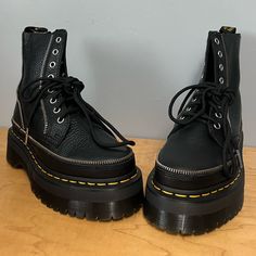 These Doc’s Are Ankle Boots And Feature Textured Pebble Leather With Zipper Trim Accents. They Have The Classic Yellow Stitching And Ankle Air-Wair Tag. These Have A 1 1/2 Inch Platform Sole With A 2 Inch Heel For An Extra Bold Silhouette. These Are Nwot, Never Been Worn Still Has Interior Size Sticker. Leather Punk Platform Boots With Zipper Closure, Punk Style Leather Platform Boots With Zipper, Edgy Leather Moto Boots With Zipper, Edgy Leather Moto Boots With Zipper Closure, Edgy Leather Boots With Zipper Closure, Black Leather Platform Boots With Zipper, Jadon Platform Boots, Dr Martens Shoes, 2 Inch Heels