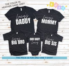 "Maternity Family Matching Shirts with Baby's Name, Baby Bodysuit, Matching Hospital Shirt for New Mom and Dad * You should add more than one T-shirt to your cart to make a set. Welcome to my store :) ❤️ HOW TO ORDER 1. Choose the t-shirt size from the style bar (First dropdown menu) 2. Choose the t-shirt color (Second dropdown menu) 3. Select quantity as needed 4. Click \"Add to cart\" ❖ If you are purchasing more than one shirt, simply complete this process as many times as needed. SIZING ❖ Please make sure to scroll through the photos to see our size chart. You will see the detailed measurements on the chart. ❖ The shirts are UNISEX fit. We usually get feedback from buyers as they are true to size, however since every person's shape and opinion can vary, the size chart is the best way t Big Sister Shirt For Hospital, Baby Shower Shirts For Family Design, Hospital Clothes, Baby Shower Shirts, Family Matching Shirts, Big Brother Big Sister, Gift For Newborn, Combination Fashion, Hospital Outfit