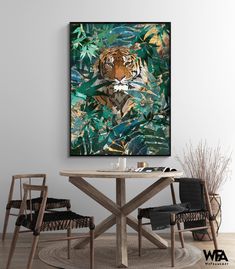 a table with chairs and a painting on the wall above it that has a tiger face