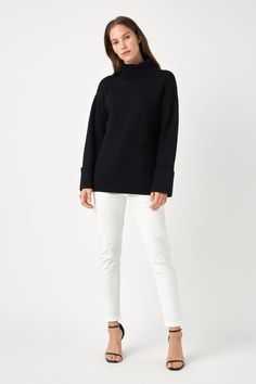 Our Turtleneck Sweater is both stylish and comfortable. It features a folded high neck long sleeves dropped shoulder and a pull-over design. Its unique design is perfect to keep you warm during the winter and also adds an elegant yet cool look when worn with a pair of jeans or a skirt. Soft to the touch you'll love to wear this statement-making sweater for any occasion. Get yours today and experience the ultimate in warmth and fashion! Folded high neck Long sleeves Dropped shoulder Pull over Han Winter Mock Neck Top For Layering, Elegant Turtleneck For Fall, Modern Mock Neck Top For Fall, Mock Neck Top For Work, Winter Funnel Neck Mock Top For Layering, Winter Relaxed Fit Funnel Neck Sweater, Modern Funnel Neck Top For Fall, Winter Workwear Long Sleeve Turtleneck, Elegant Long Sleeve Mock Neck Top For Winter