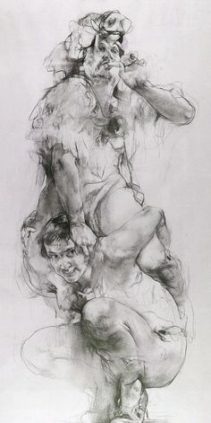 an ink drawing of two men wrestling